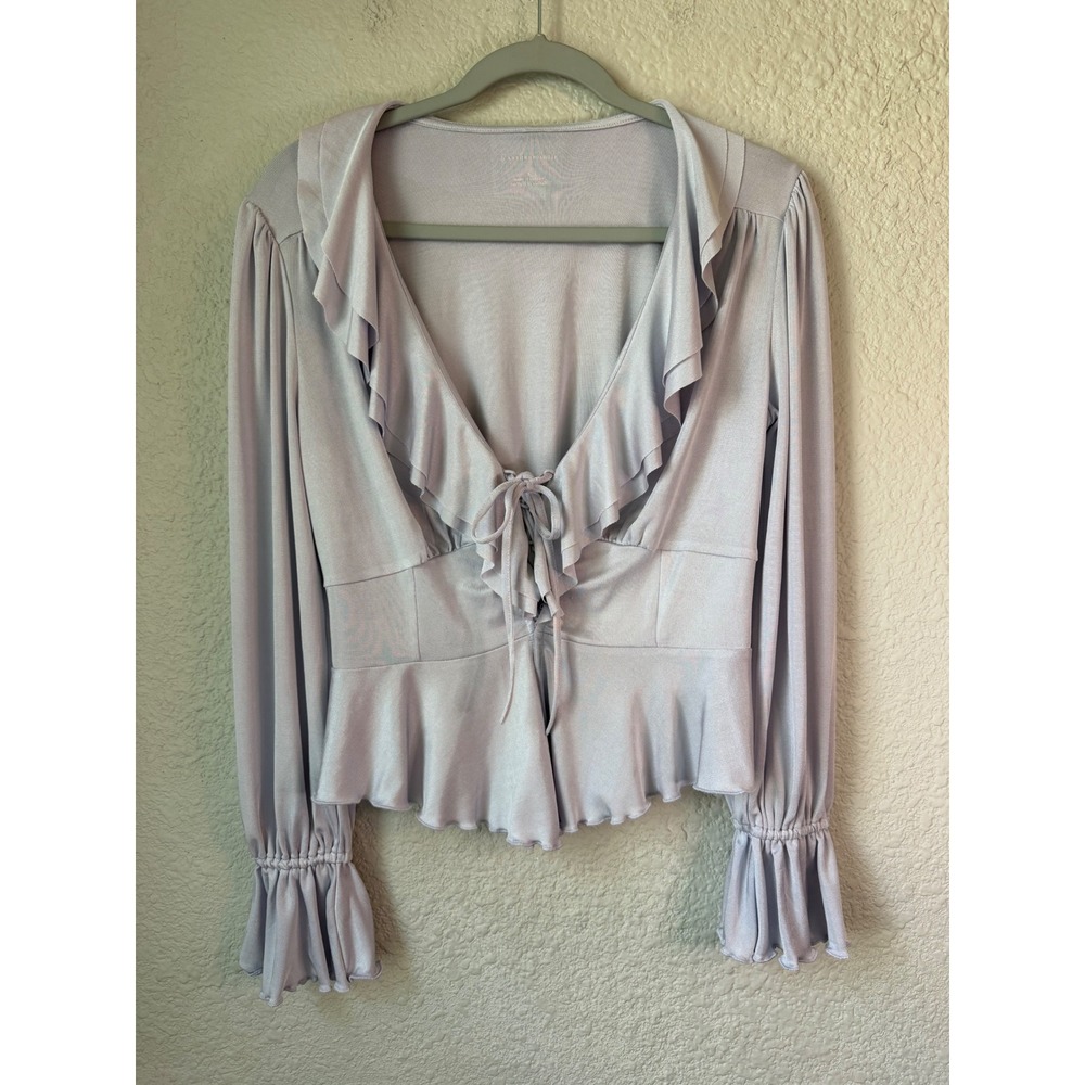 by Anthropologie Lavender Ruffle Tie Front Peplum Blouse Long Sleeve‎ Small
